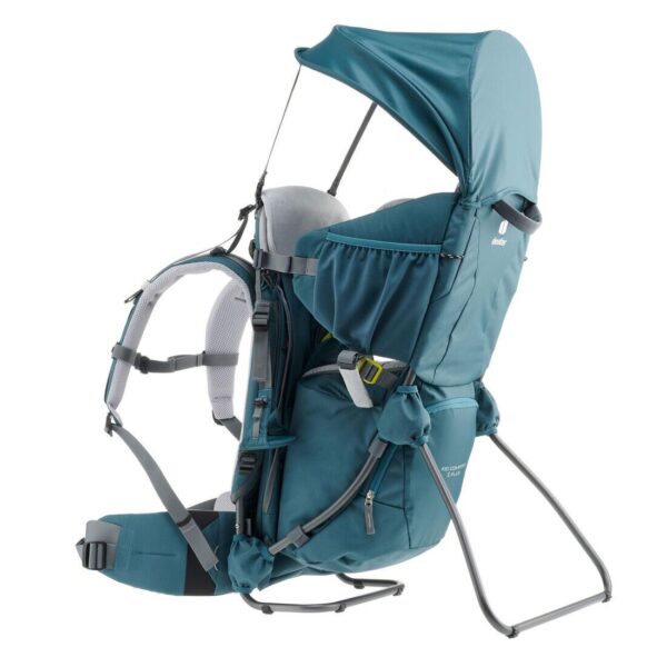 Deuter Kid Comfort 1 Plus carrier from the side, with the sun canopy and kickstand out